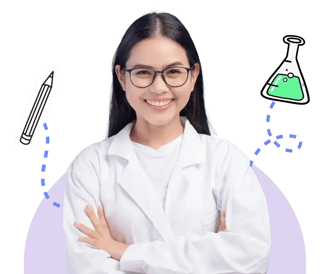a woman in a lab coat with a chemical on one side and a pencil on the other