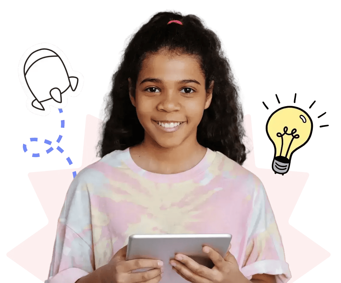 a girl holding a tablet with a rocket on one side and a glowing bulb on the other